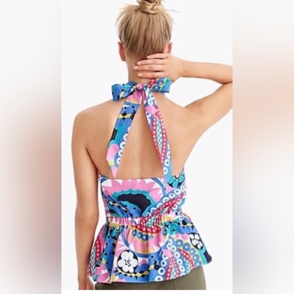 J. Crew Ratti Kaleidoscope Peplum Cotton Halter Top Pink & Black Multi Colored L